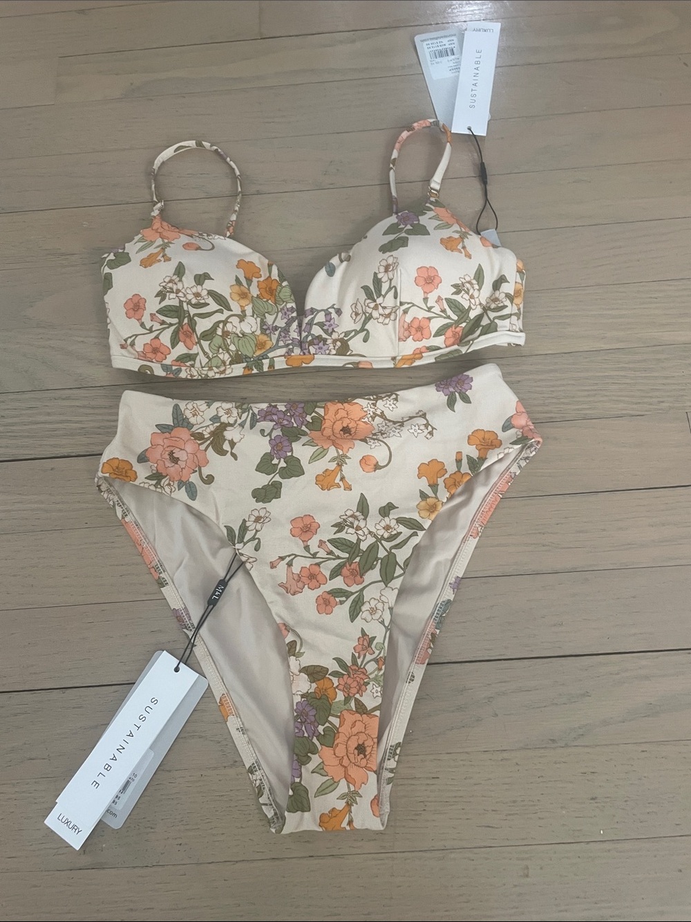 Sustainable Floral High-Waist Bikini Set - Cream with Orange & Green Floral